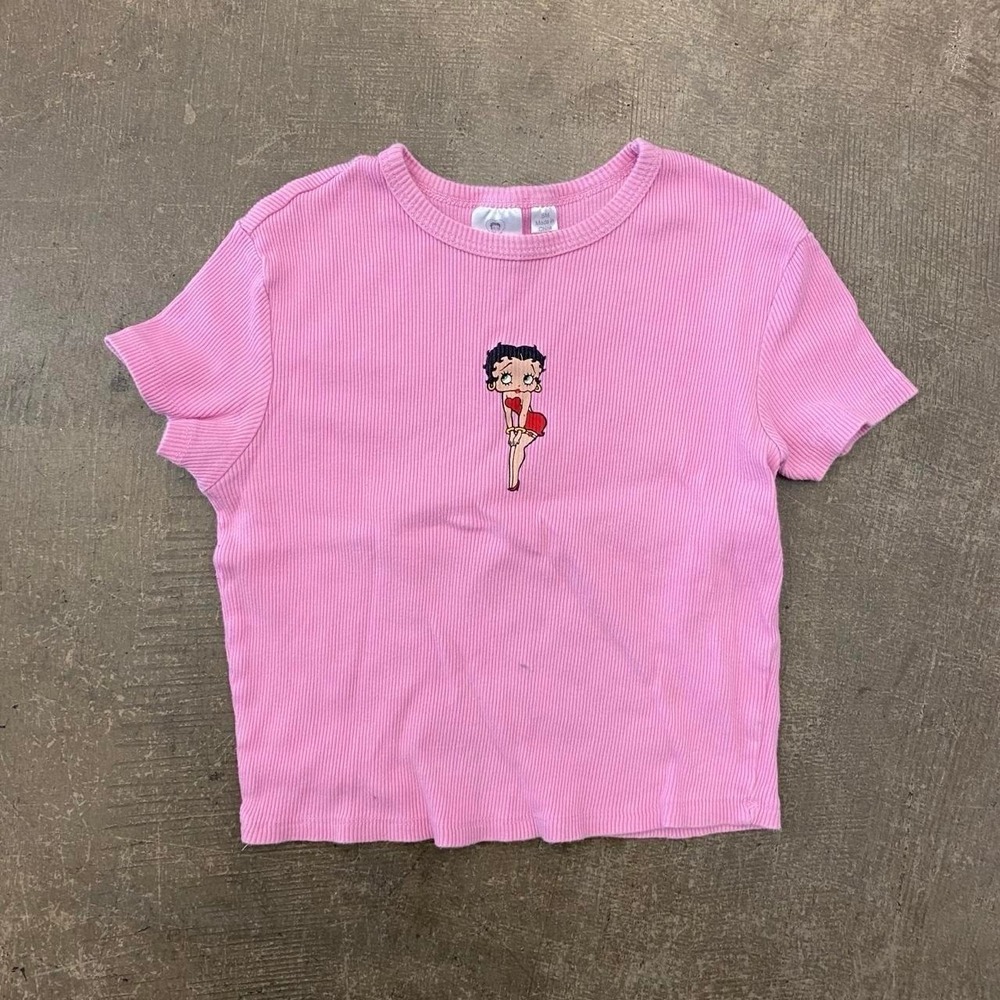 Vintage Betty Boop Pink Thermal Short Sleeve Baby Tee Womens T-Shirt Size XS